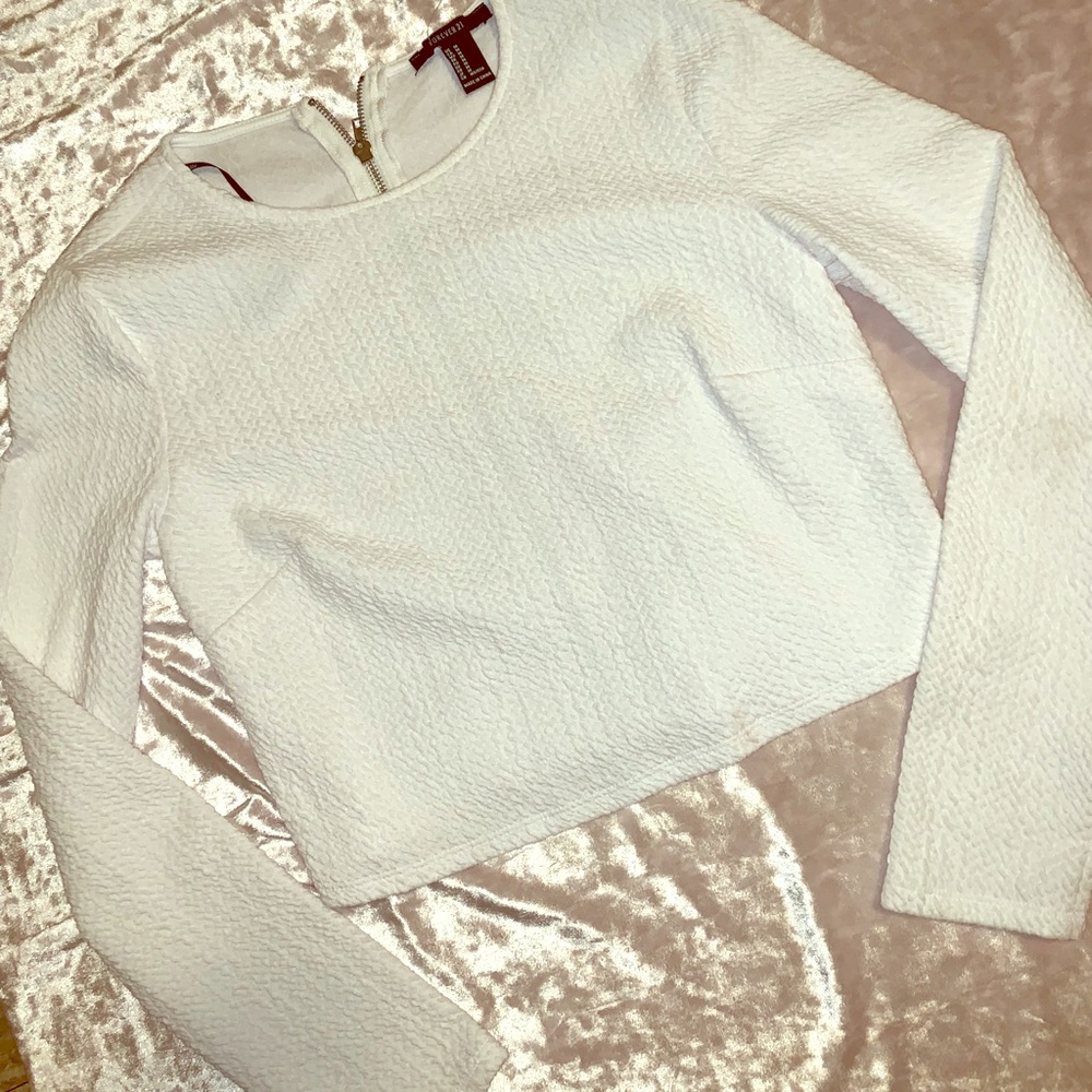 Forever 21 White Long Sleeve Crop Top Zip Sz M